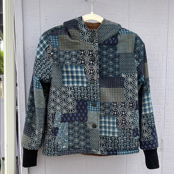 Handmade Patchwork Hooded Jacket - with faux fur brown lining - Picture 1 of 6